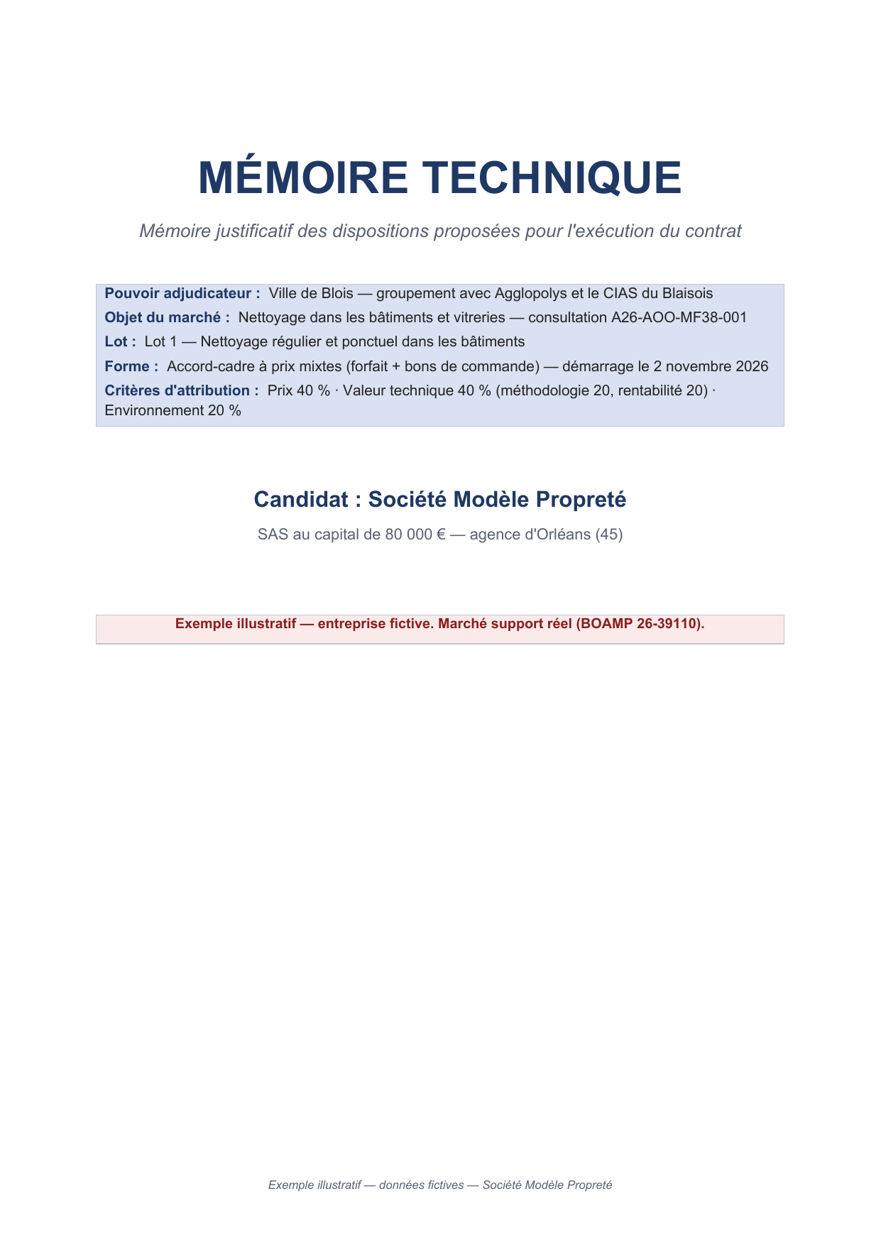 Première page du mémoire technique exemple — Collectivité — ville & agglomération