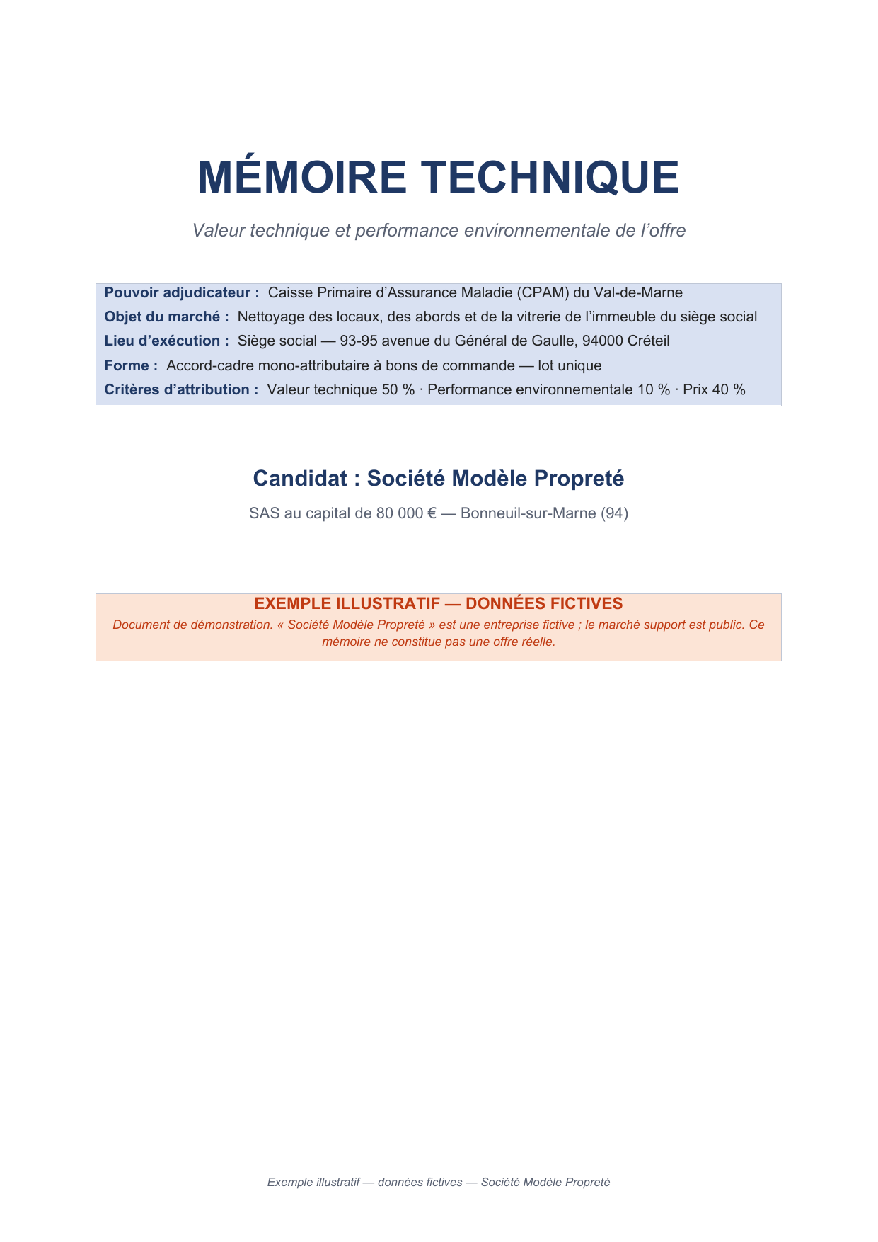 Première page du mémoire technique exemple — Tertiaire — organisme de sécurité sociale